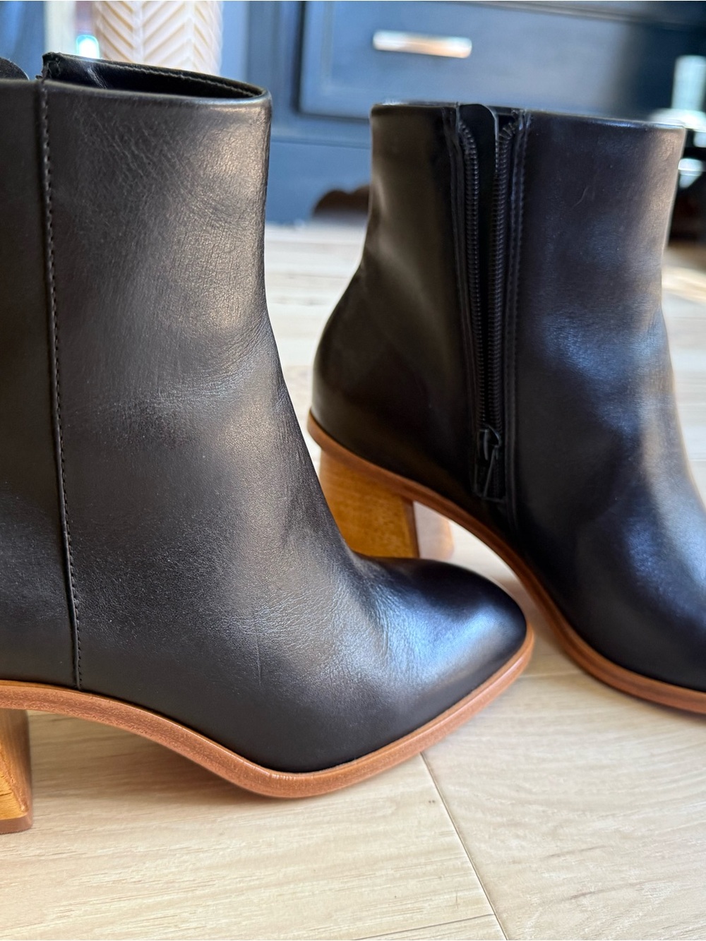Bernardo Black Leather Ankle Boots with Wood-Tone Block Heel